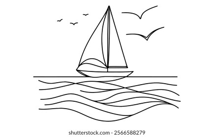 Continuous line drawing of sailing vessel. Vector illustration.