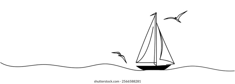 Continuous line drawing of sailing vessel. Vector illustration.