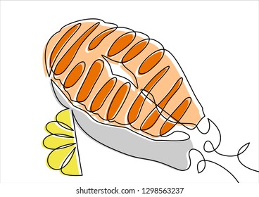 Continuous line drawing. Salmon steak with lemon