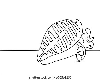 Continuous line drawing. Salmon steak with lemon, tomato and lettuce leaves. Vector illustration black line on white background.