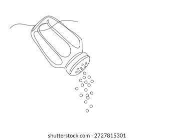 Desenho em linha contínua de um agitador de sal ou pimenta vertendo grãos em um estilo gráfico minimalista.
