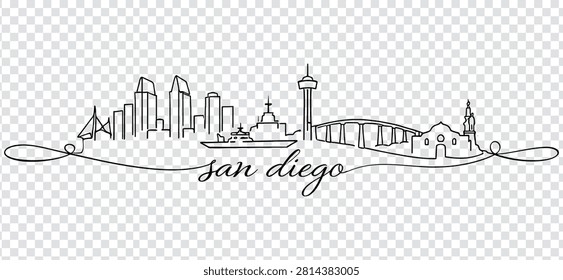 Continuous line drawing of San Diego city skyline with famous landmarks, California, USA. Minimalist vector illustration of San Diego cityscape.