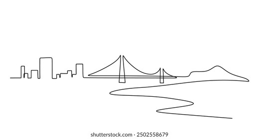 Continuous line drawing of San Francisco city skyline, USA. A stylish, editable stroke design for tourism posters.