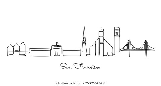 Continuous line drawing of San Francisco city skyline, USA. Beautiful landmark illustration for tourism or travel posters in an editable stroke design.