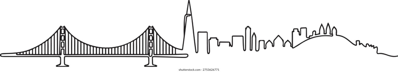 Continuous line drawing of San Francisco city skyline, USA. A stylish, editable stroke design for tourism posters. one line Art icon drawing

