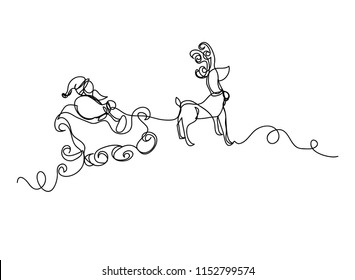 continuous line drawing of Santa Claus sitting on a sleigh with reindeer.
vector illustration simple.
