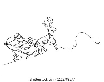 continuous line drawing of Santa Claus sitting on a sleigh with reindeer.
vector illustration simple.