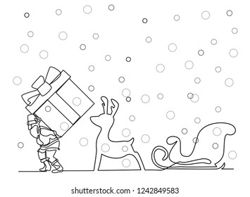 continuous line drawing of Santa Claus sitting on a sleigh with reindeer. vector illustration simple.