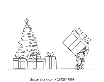 continuous line drawing of Santa Claus sitting on a sleigh with reindeer. vector illustration simple.