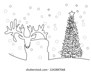 continuous line drawing of Santa Claus sitting on a sleigh with reindeer. vector illustration simple.Merry Christmas