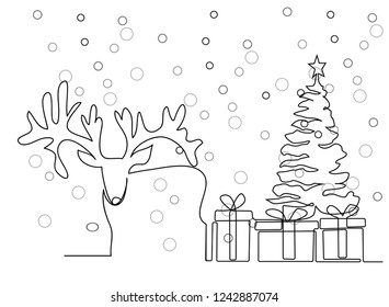 continuous line drawing of Santa Claus sitting on a sleigh with reindeer. vector illustration simple.Merry Christmas