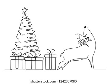 continuous line drawing of Santa Claus sitting on a sleigh with reindeer. vector illustration simple.Merry Christmas