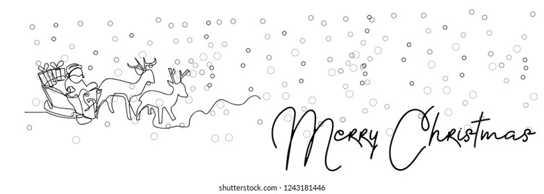 continuous line drawing of Santa Claus sitting on a sleigh with reindeer. vector illustration simple.Merry Christmas