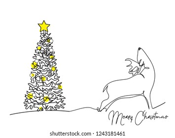 continuous line drawing of Santa Claus sitting on a sleigh with reindeer. vector illustration simple.Merry Christmas