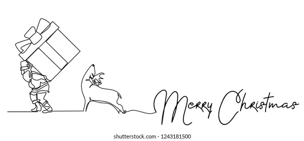continuous line drawing of Santa Claus sitting on a sleigh with reindeer. vector illustration simple.Merry Christmas