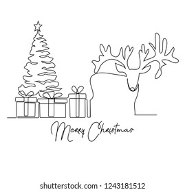 continuous line drawing of Santa Claus sitting on a sleigh with reindeer. vector illustration simple.Merry Christmas