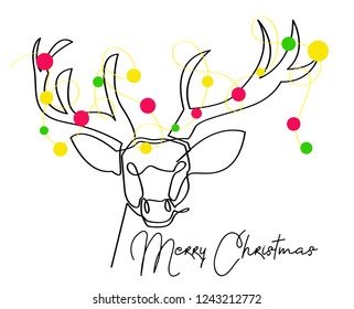 continuous line drawing of Santa Claus sitting on a sleigh with reindeer. vector illustration simple.Merry Christmas
