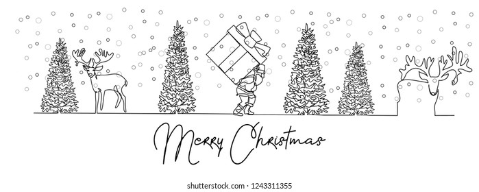 continuous line drawing of Santa Claus sitting on a sleigh with reindeer. vector illustration simple.Merry Christmas