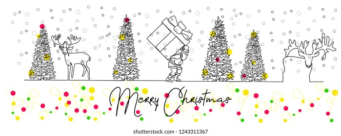 continuous line drawing of Santa Claus sitting on a sleigh with reindeer. vector illustration simple.Merry Christmas