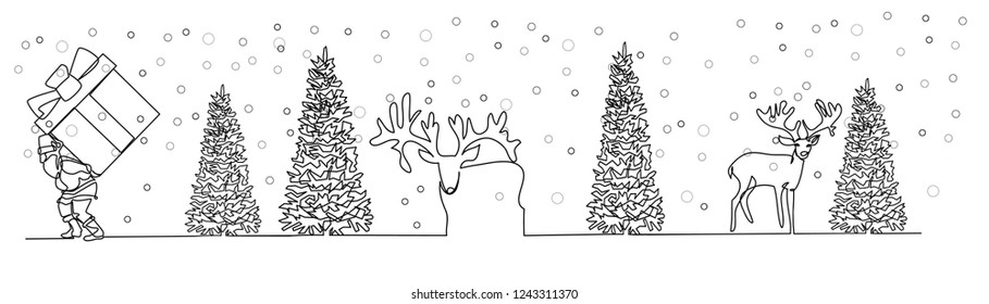 continuous line drawing of Santa Claus sitting on a sleigh with reindeer. vector illustration simple.Merry Christmas