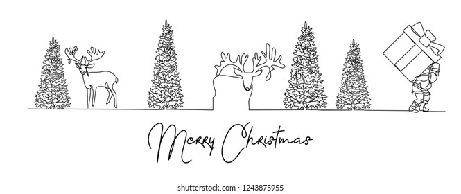 continuous line drawing of Santa Claus sitting on a sleigh with reindeer. vector illustration simple.Merry Christmas