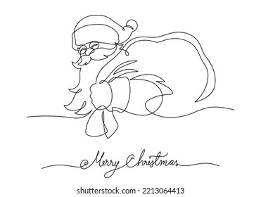 Dibujo continuo de santa claus con bolso de regalo y escritura navideña alegre, Concepto de Navidad. Vacaciones, Año Nuevo.
 Ilustración de diseño de vectores sobre fondo blanco.