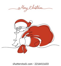 Dibujo de línea continua santa claus con bolsa de regalo y color de escritura alegre navidad, Concepto de Navidad. Vacaciones, Año Nuevo.
 Ilustración de diseño de vectores sobre fondo blanco.
