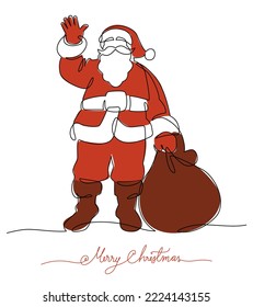 Dibujo continuo de la línea santa claus saludando con el color de la bolsa de regalo, Concepto de Navidad. Vacaciones, Año Nuevo.
 Ilustración de diseño de vectores sobre fondo blanco.