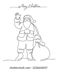 Continuous line drawing santa claus waving hello with gift bag, Concept of Christmas. Holiday, New year.
 Vector design illustration on white background.