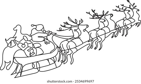 Continuous line drawing of Santa Claus on his sleigh, line art, vector