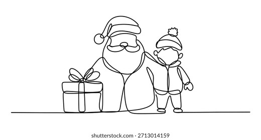 Continuous line drawing of santa claus and a child with a christmas gift, celebrating the holiday spirit Vector, illustration