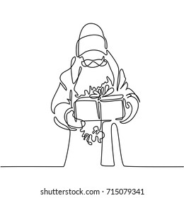 Continuous line drawing. Santa Claus with gift box. Vector illustration