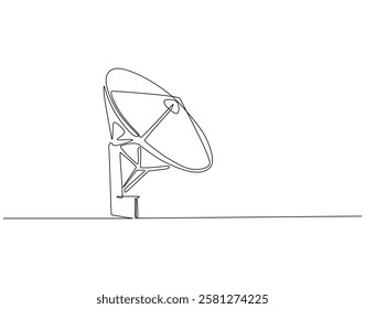 Continuous line drawing of satellite dish. Single line illustration of parabolic antenna. Radio, network, signal concept. Editable outline