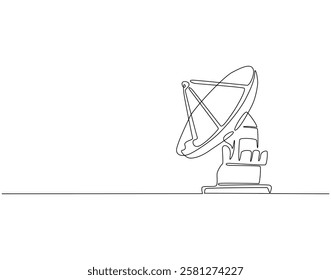 Continuous line drawing of satellite dish. Single line illustration of parabolic antenna. Radio, network, signal concept. Editable outline