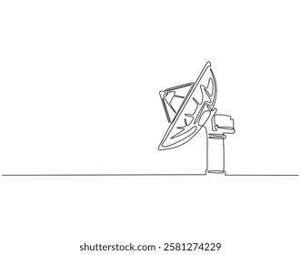 Continuous line drawing of satellite dish. Single line illustration of parabolic antenna. Radio, network, signal concept. Editable outline