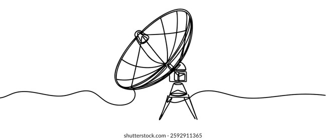 Continuous line drawing of satellite dish, tecnologi design, object one line single line art, vector illustration.