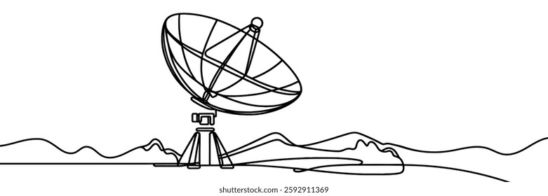 Continuous line drawing of satellite dish, tecnologi design, object one line single line art, vector illustration.