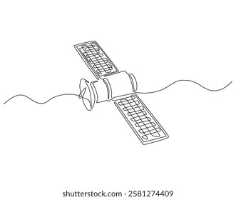 Continuous line drawing of satellite. Single line illustration of satellite in space. Communication technology concept. Editable outline