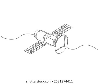 Continuous line drawing of satellite. Single line illustration of satellite in space. Communication technology concept. Editable outline