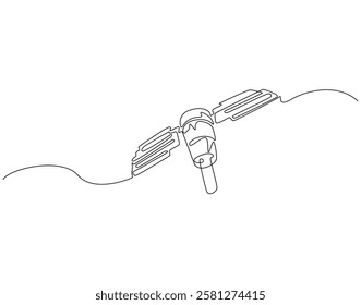 Continuous line drawing of satellite. Single line illustration of satellite in space. Communication technology concept. Editable outline