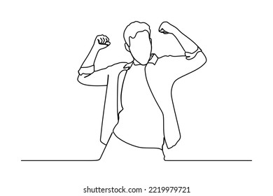 continuous line drawing a satisfied young man celebrating success