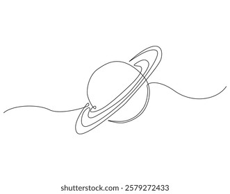 Continuous line drawing of saturn planet. Single line illustration of saturn or ringed planet. Outer space, planetary concept. Editable outline
