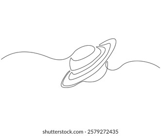 Continuous line drawing of saturn planet. Single line illustration of saturn or ringed planet. Outer space, planetary concept. Editable outline
