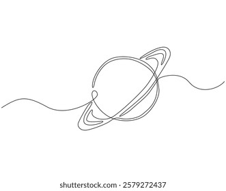 Continuous line drawing of saturn planet. Single line illustration of saturn or ringed planet. Outer space, planetary concept. Editable outline
