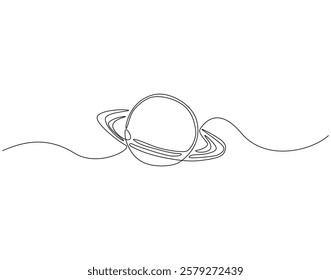 Continuous line drawing of saturn planet. Single line illustration of saturn or ringed planet. Outer space, planetary concept. Editable outline
