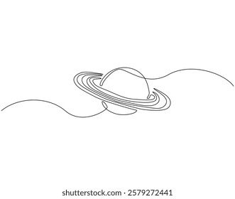 Continuous line drawing of saturn planet. Single line illustration of saturn or ringed planet. Outer space, planetary concept. Editable outline
