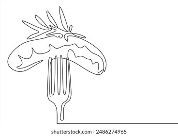 Continuous line drawing of sausage with fork at bbq party vector illustration. Knife hand drawn minimalism style.