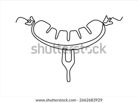Continuous line drawing of sausage with fork at bbq party vector illustration. Knife hand drawn minimalism style.  Art. line icon-continuous line drawing. Editable stroke. 