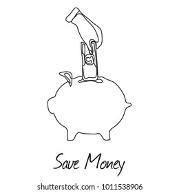 Continuous line drawing. Save money vector concept. man hand putting cash into money box. Pig money box. -stock vector