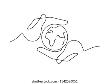Continuous line drawing Save the planet  Small globe between two  human hands meaning care   love   Vector illustration